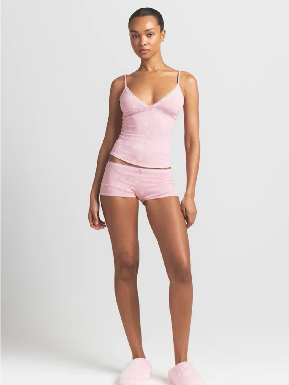 Skims Halite Hearts Women’s  Pink Lace-Trim Cami & Short Sleep Set